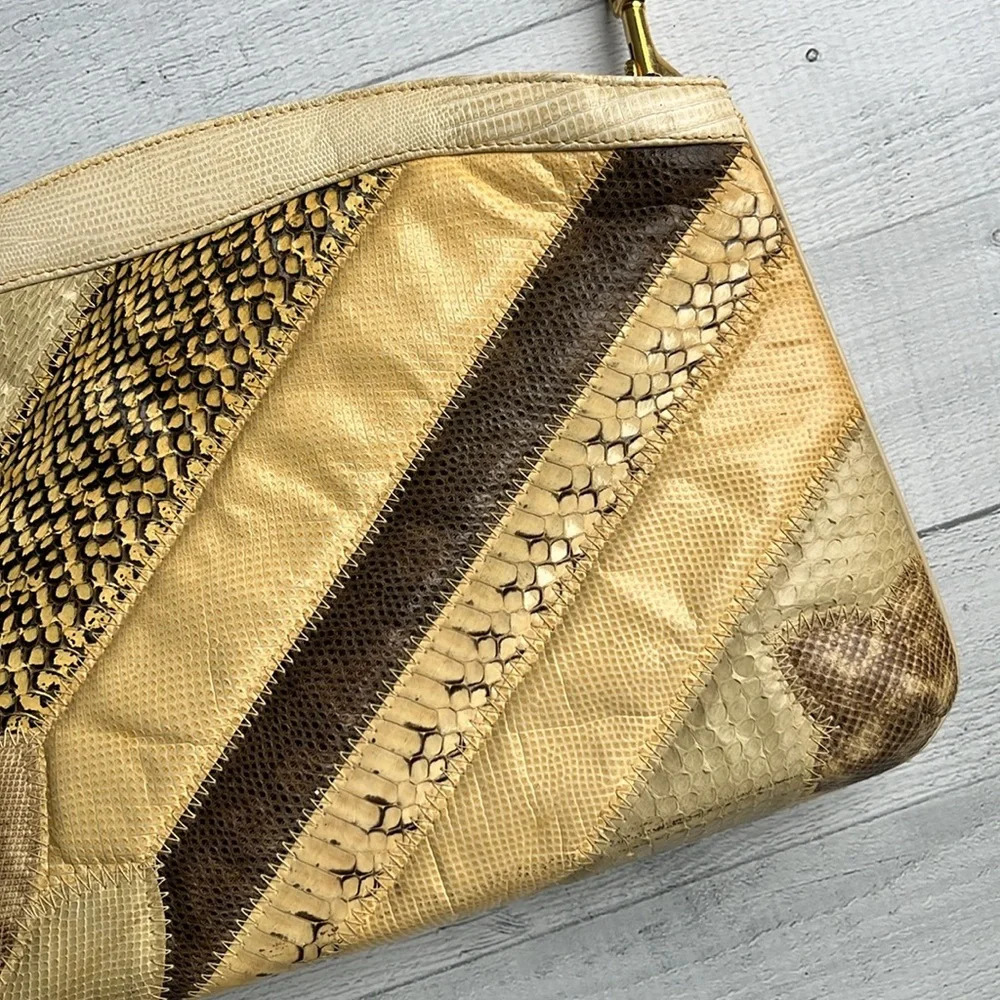 Vintage 80s Bag By Supreme Beige Snakeskin Print Handbag - Picture 4 of 7